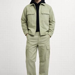 Men's Soft Cotton Cargo Set: Relaxed Fit Utility Jacket & Pants Green