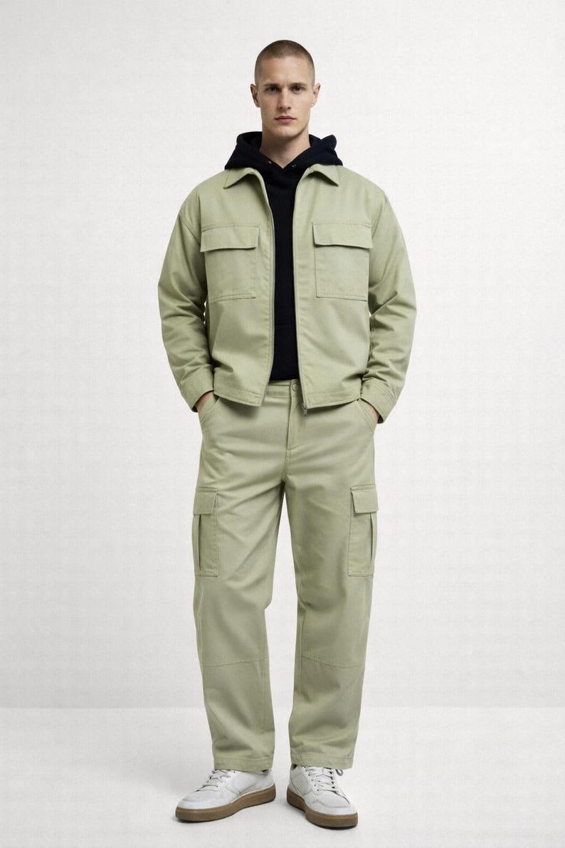Men's Soft Cotton Cargo Set: Relaxed Fit Utility Jacket & Pants Green