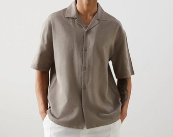 Men's Patterned Linen Look Shirt - Short Sleeve Resort Collar