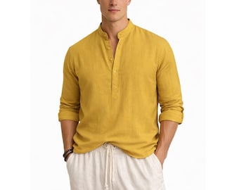 Men's Cotton  Henley Shirt – Mandarin Collar, Lightweight Summer Beach Resort Wear