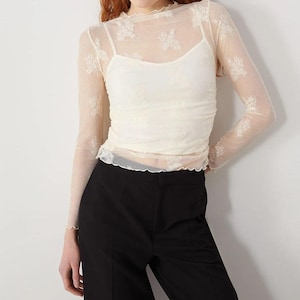 Sheer Cream Turtleneck Mesh Top and Tank Top, Handmade Flower Embroidered Long Sleeve Blouse, Soft Flexible Sheer Top,Stylish Gift for Women