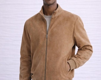Herren Wildleder Bomberjacke: Stehkragen Trucker Mantel