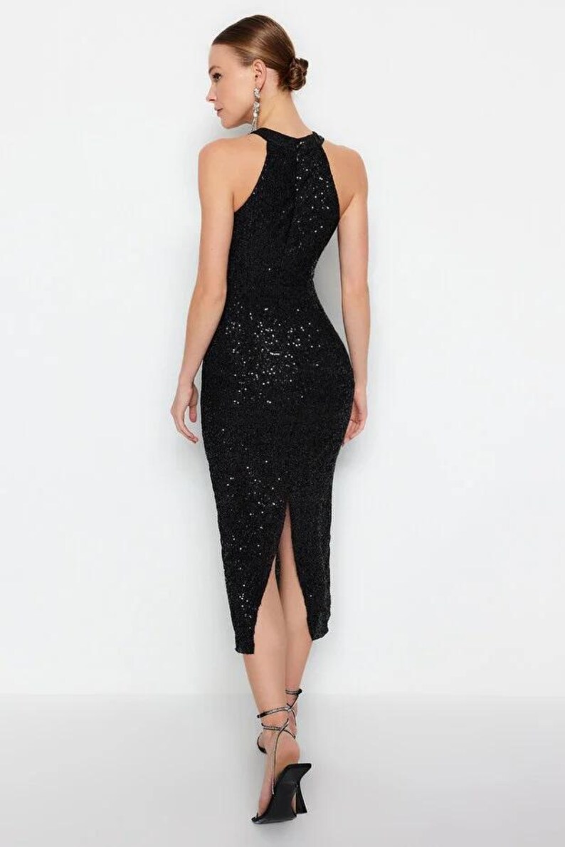 Black Sequin Mini Dress: Halter Neck Bodycon Cocktail Party Dress image 10