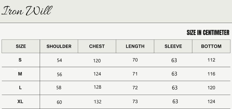May include: Size chart for a garment with measurements in centimeters for shoulder, chest, length, sleeve, and bottom. Sizes include S, M, L, and XL.