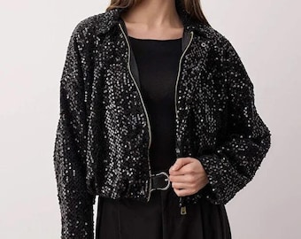 Chaqueta bomber negra con lentejuelas para mujer, corte regular, con cremallera, ideal para noche y ocasiones informales, ligera y para fiestas.