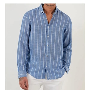 Linen Shirt for Men, Long Sleeve Classic Linen Shirt with Buttons, Oxford Linen Shirt, Mens Linen Shirt for Weddings,Men&#39;s Striped Shirt