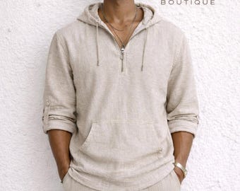 Sudadera con capucha de cáñamo y muselina para hombre, media cremallera, corte extragrande.