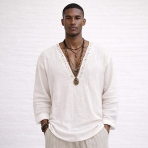 Men's Muslin Shirt – Boho Lace Trim V Neck, Relaxed Fit