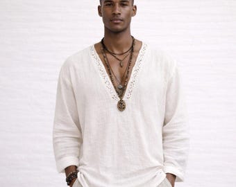 Men's Muslin Shirt – Boho Lace Trim V Neck, Relaxed Fit