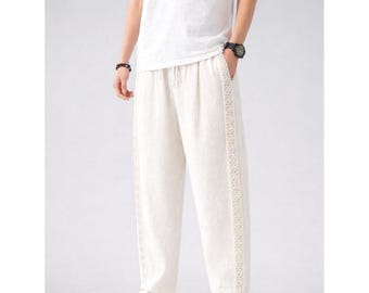 Men's Muslin Pants, Boho Lace Trim Trousers, Relaxed Fit Cotton Gauze Summer Beach Wear