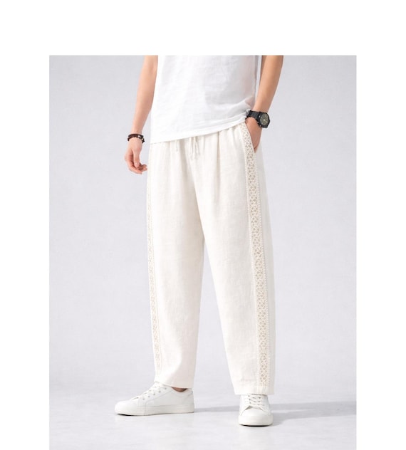 Men's Muslin Pants, Boho Lace Trim Trousers, Relaxed Fit Cotton Gauze Summer Beach Wear