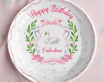 Personalized Swan Birthday Plate for Girl, Custom Pink Bow Ceramic Plate, Girls Birthday Keepsake, Baby Girl Gift, Name Birthday Plate