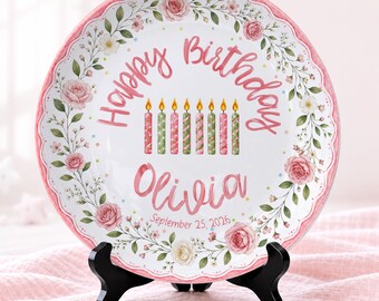 Personalized Birthday Plate for Girl, Custom Name Ceramic Cake Plate, Floral Kids Birthday Keepsake, Pink First Birthday Gift P620HCV0