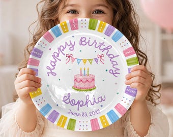 Personalized Birthday Plate for Kids, Custom Name Happy Birthday Ceramic Plate, First Birthday Cake Gift, Colorful Party Dish D610BW20