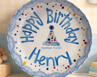 Personalized Birthday Plate for Boy, Custom Name Ceramic Kids Plate, Party Hat Birthday Keepsake, Boys Birthday Gift Decor P55QSF0