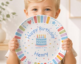 Personalized Birthday Plate, Custom Happy Birthday Ceramic Plate, Kids Birthday Gift, Pastel Cake Plate for Baby Birthday Decor P611K5R0