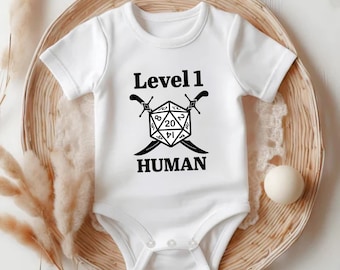 Level 1 Human Baby Bodysuit, MMO, RPG, Twenty Sided Dice, Funny Baby Clothes, Cute Baby Outfit, Hipster, Newborn Baby Announcement 26MMNN