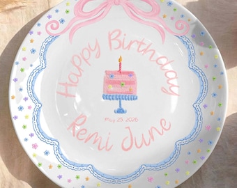 Personalized Happy Birthday Plate for Girl – Custom Name Birthday Plate, Pink Bow Cake Design, Kids Birthday Keepsake Gift P41A4U0