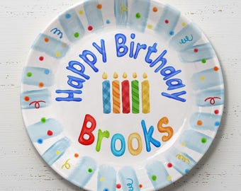 Personalized Boys First Birthday Plate – Blue Gingham Polka Dot Smash Cake Plate – 1st Birthday Keepsake Gift P23GWI0
