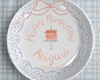 Personalized Birthday Plate for Girls – Custom Name Pink Ceramic Cake Plate with Floral Border, Birthday Keepsake Gift P1235ER0