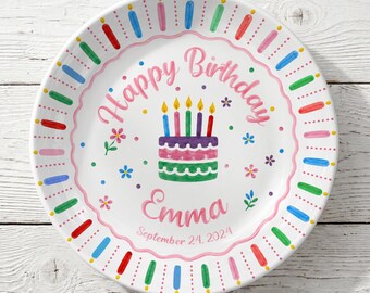 Personalized Birthday Plate, Custom Happy Birthday Cake Plate, Kids Birthday Keepsake Dish, Colorful Ceramic Party Plate Gift D6250W50