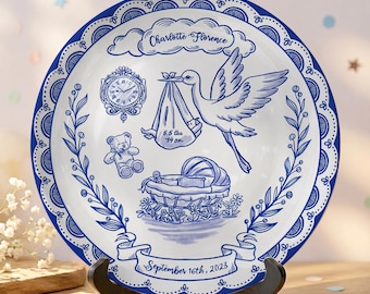 Personalized Baby Birth Plate, Custom Name Date Ceramic Keepsake, Blue Toile Stork Nursery Decor, New Baby Shower Gift P6134UY0