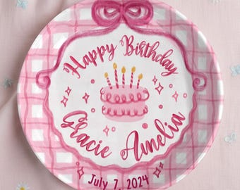 Personalized First Birthday Plate for Girl – Custom Pink Gingham Happy Birthday Plate with Name & Date – 1st Birthday Keepsake Gift P212ZP80
