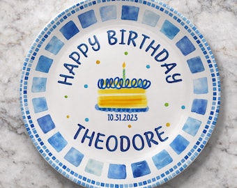 Personalized Birthday Plate with Name – Custom Happy Birthday Ceramic Cake Plate – Kids Keepsake Gift P228QZD0