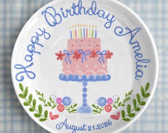 Personalized Birthday Plate for Girl, Custom Name Cake Plate, First Birthday Keepsake, Pink Floral Ceramic Plate, Baby Gift Idea P3261XR0