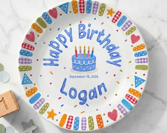 Personalized Birthday Plate, Custom Ceramic Birthday Plate, Cute Cake Party Plate, Kids Birthday Gift, Colorful Keepsake Plate P6174GK0