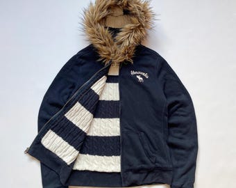 Sudadera con capucha y cremallera de piel sintética de Abercrombie & Fitch, estilo vintage Y2K, color azul oscuro, talla L