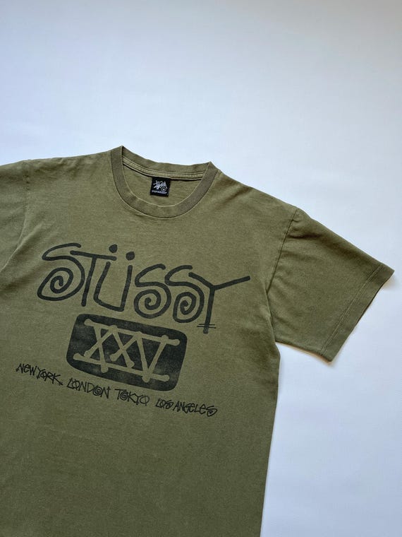 Vintage 00s Stussy Logo Graphic Print Crew Neck Tee Shirt Olive
