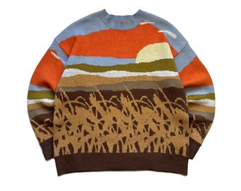 Suéter de punto con cuello redondo y diseño de paisaje de atardecer de Jaded London, talla L