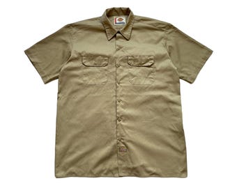 Camisa vintage Dickies de manga curta com botões e ajuste relaxado, bege, tamanho GG