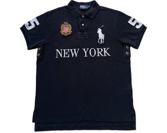 Camisa polo vintage Polo Ralph Lauren New York USA #5 Big Pony preta tamanho G