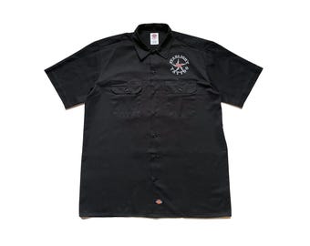 Camisa vintage Dickies manga curta relaxada com botões e ajuste para trabalho, preta, tamanho L