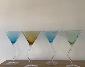 Set of 4 Vintage Multicolored Cocktail Glasses - 1990s Handcrafted Blown Glass - Retro Gift Idea - Original Vintage Party Table