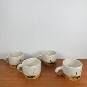 Set of 4 large vintage La Colombe 1950s mugs in glazed stoneware, raw brutalist brown beige ceramic, handmade pottery coffee or tea collection