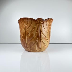 Peut inclure: Un pot de fleurs en céramique marron avec un motif de feuilles. Le pot a un bord large et festonné et une surface texturée avec des nervures de feuilles en relief. Le dégradé de couleurs passe d'un brun plus foncé en haut à un beige plus clair à la base.