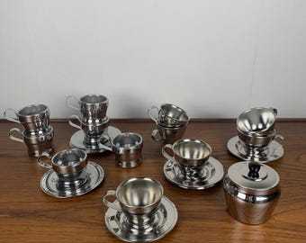 Set of vintage stainless steel coffee cups NPB-MOTTA-Jolly, Italy 1970 - with saucers - Retro design - metal tableware - chic gift idea
