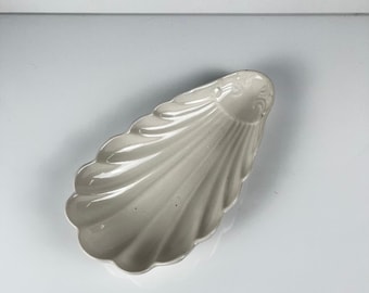 Vintage 20th-century white seashell ramekin, decorative white ceramic dish, nautical trinket dish, seaside decor, antique European tableware