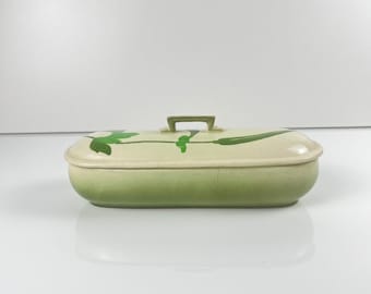 Jabonera Sarreguemines Art Nouveau, circa 1900, loza verde con decoración de hojas pintadas a mano, caja de aseo antigua, decoración de baño vintage