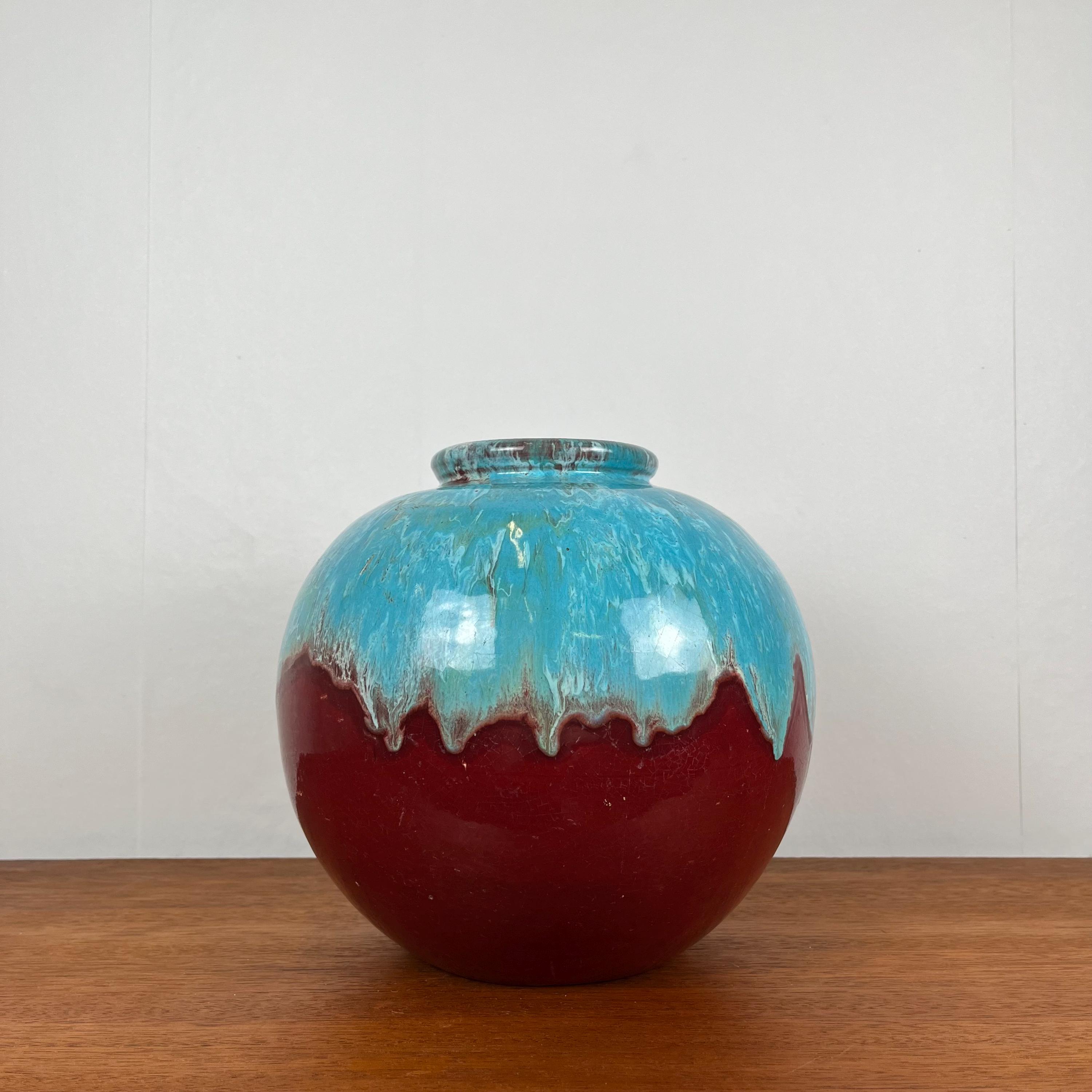 CAB Bordeaux 1976 blue red glazed stoneware vase, vintage French ceramic, brutalist style, signed artistic decoration, gift idea