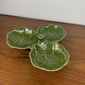 Vintage ceramic appetizer dish SILEA green, cabbage shape 3 compartments - retro barbotine France - collection tableware, gift idea