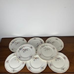 Set of 8 vintage Longchamp Chantilly dinner plates, porcelain, floral decoration, bird, 50s-60s, chic gift idea, French tableware