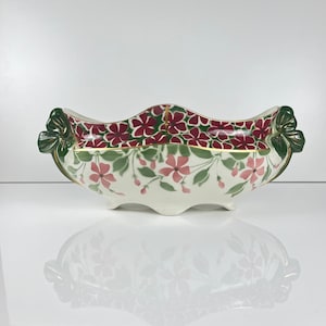 Rare antique Lunéville KG earthenware planter Art Nouveau 1900 red and gilded flowers, large vintage decorative ceramic with knotted foot, gift