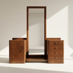 Coiffeuse vintage 1940 en placage noyer avec miroir haut et rangements – meuble d’entrée ancien, design Art déco, pièce unique