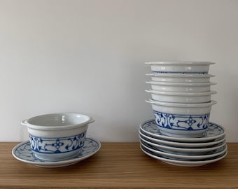 Lot of 6 vintage Winterling Bavaria soup bowls, blue and white Indian pattern porcelain - retro chic tableware - country style - vintage gifts