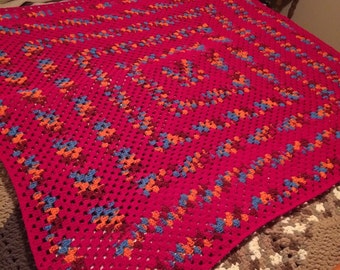 Bright Pink Crocheted Granny Square Afghan/Blanket/Throw