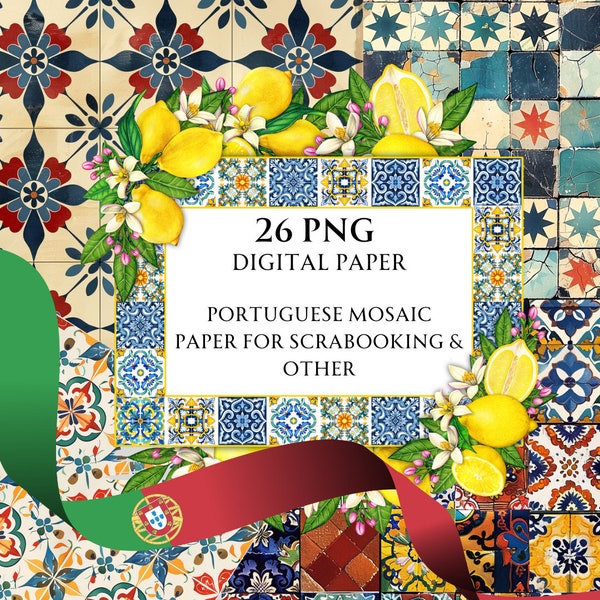 Auswahl an Scrapbooking- und Kartenpapier, portugiesischem Mosaik, digitalen PNG-Elementen, kommerzielle und persönliche Nutzung